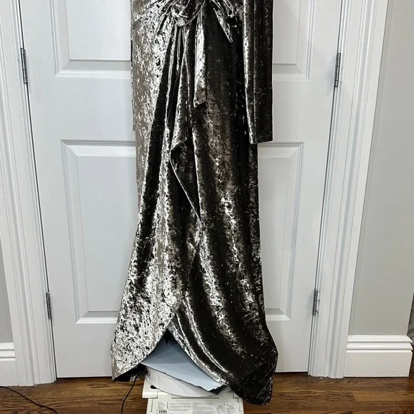 BCBGMaxAzria Metallic Gunmetal Crushed Velour New Year’s Wrap Maxi Dress Size S - Picture 11 of 13